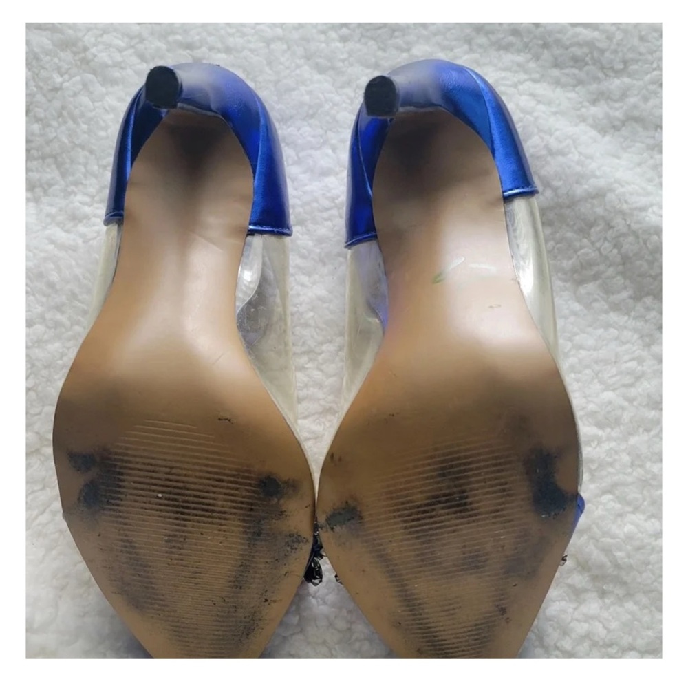 Betsey Johnson Metallic Blue Pointed Heels with Pink Floral Gems - Picture 3 of 4